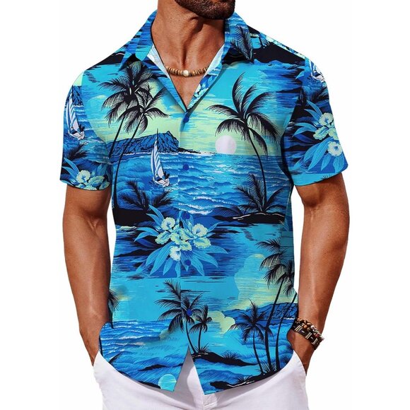 Mens Hawaiian Shirt Blue Palm Tree Floral Beach Aloha Casual Button Down - Picture 1 of 6